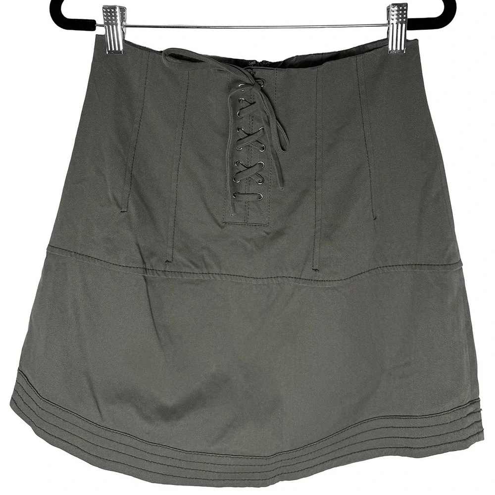 Marissa Webb Women's Olive Green Lace Up Front Mini Skirt Military Utility Style